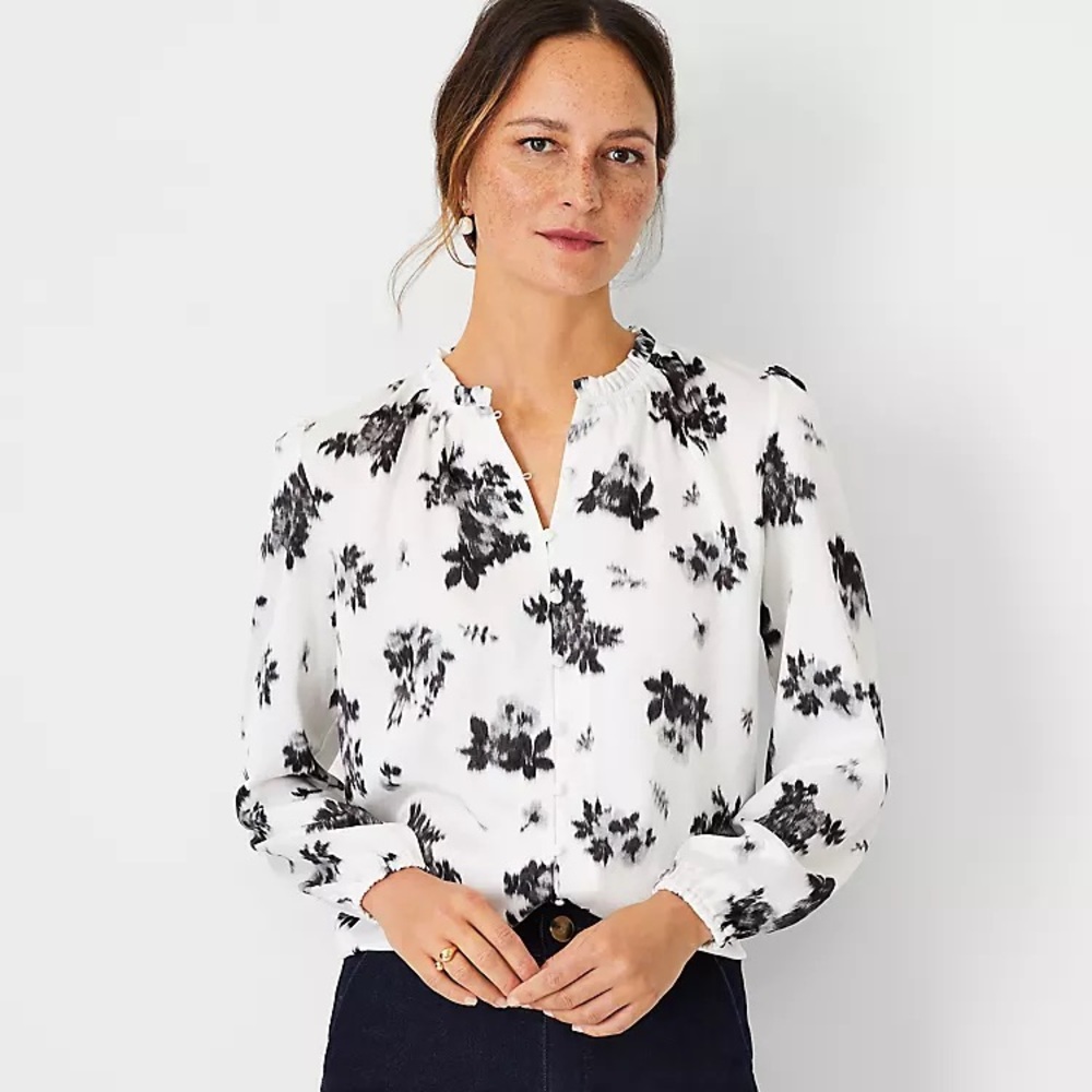 Ann Taylor Shimmer Ikat Floral Mixed Media Button Front Top